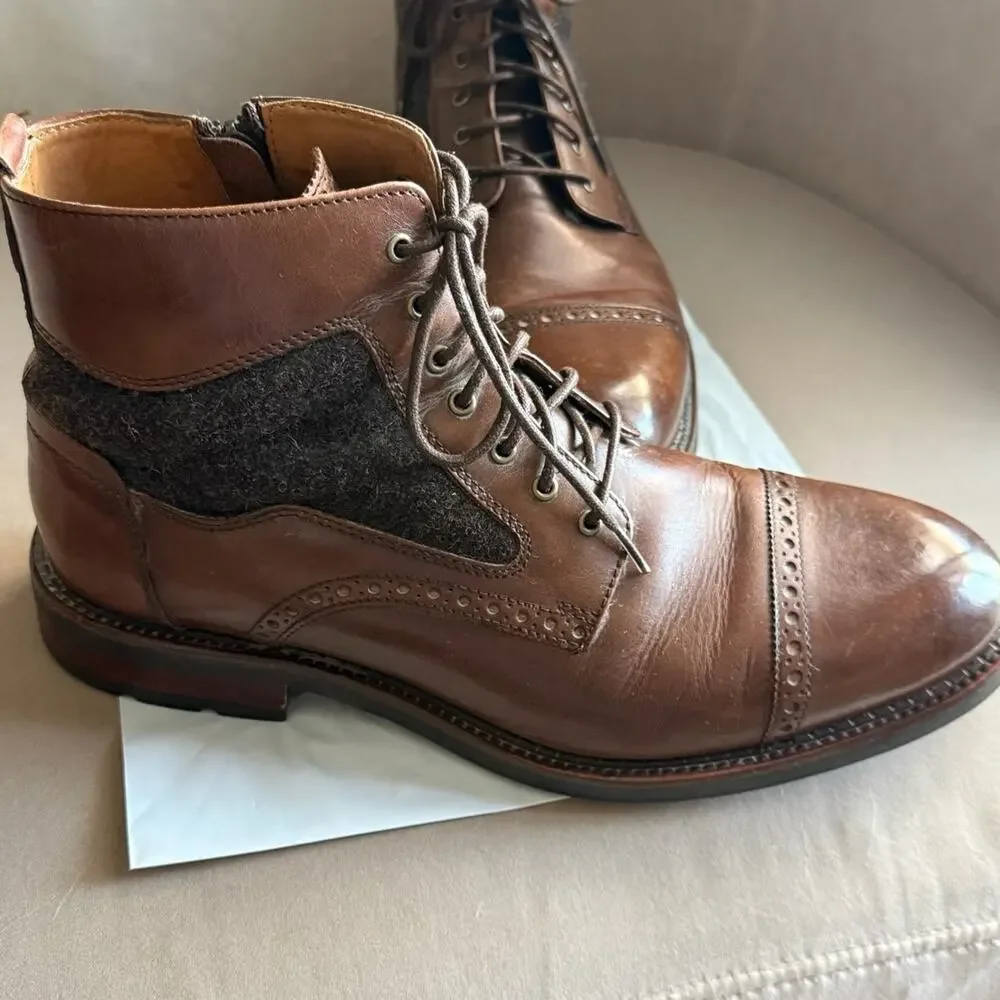 Johnston & Murphy Men's 9.5M Brown Leather Cap Toe Brogue Boots Wool Panel Side